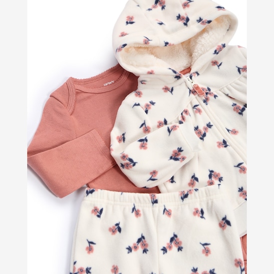 Conjunto longo bebê 3 peças fleece capuz e florzinhas - multicor | Carter's
