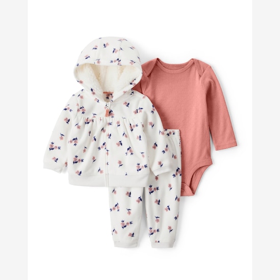 Conjunto longo bebê 3 peças fleece capuz e florzinhas - multicor | Carter's