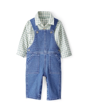 Jardineira jeans bebê com bolsos e camisa xadrez - multicor | Carter's