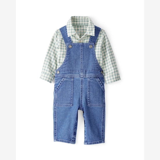 Jardineira jeans bebê com bolsos e camisa xadrez - multicor | Carter's