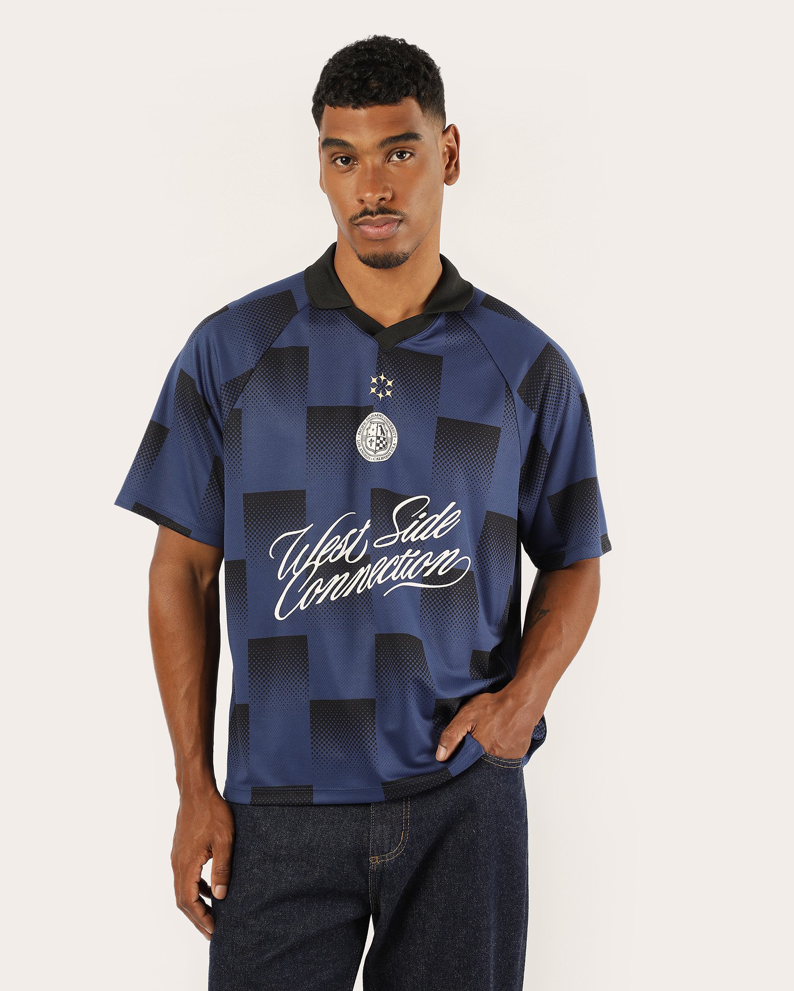 Polo masculina boxy raglan West Side bordada - azul