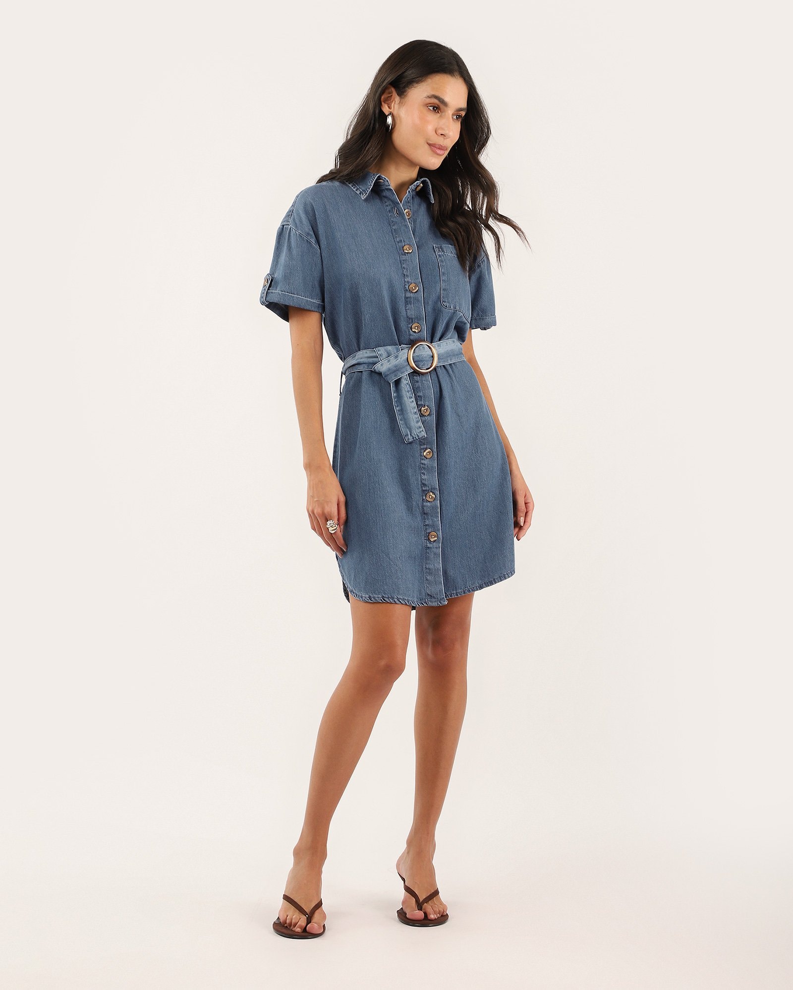 Vestido jeans chemise com cinto - denim médio | Pool Jeans