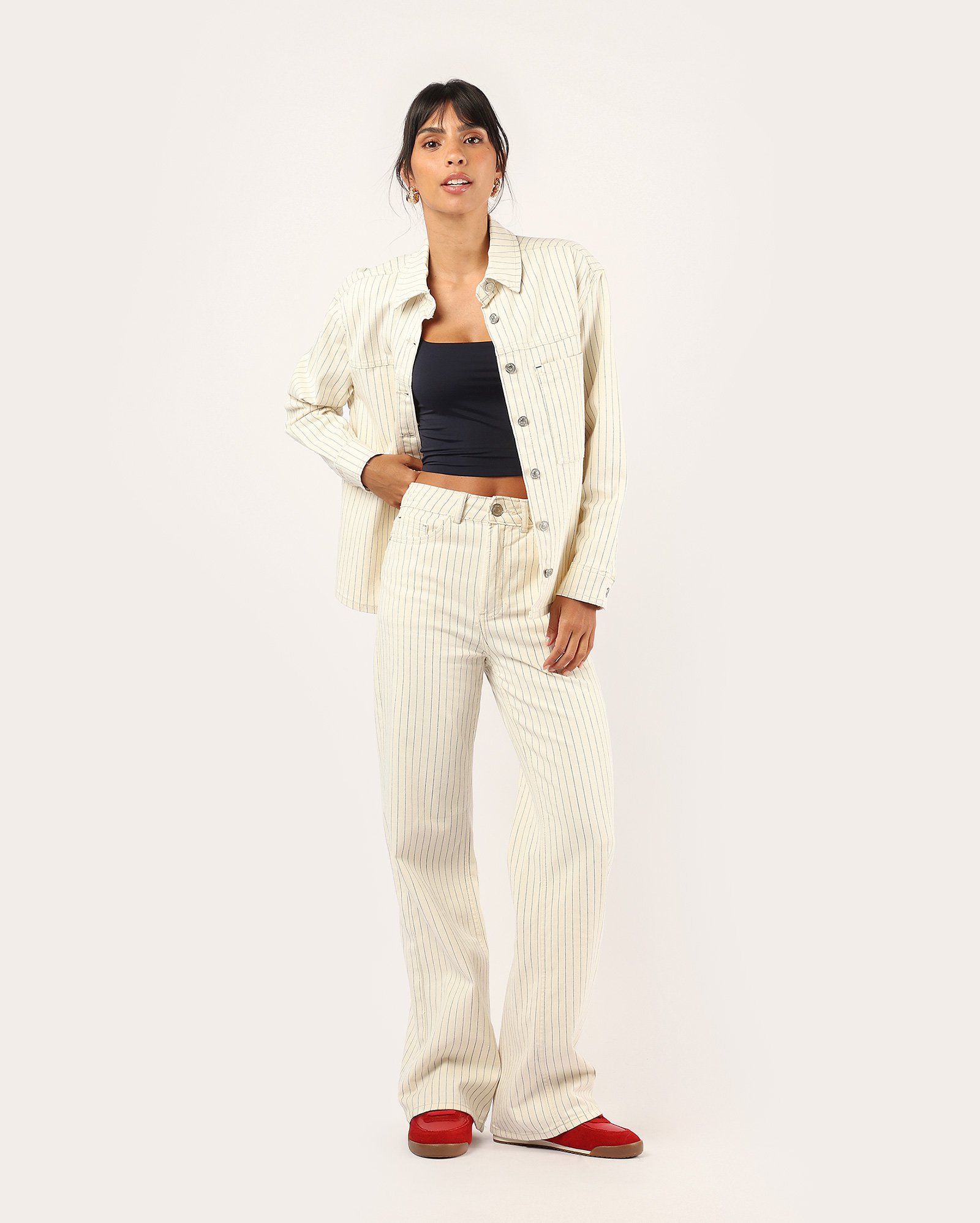 Shacket sarja feminina risca de giz - bege | Pool Jeans