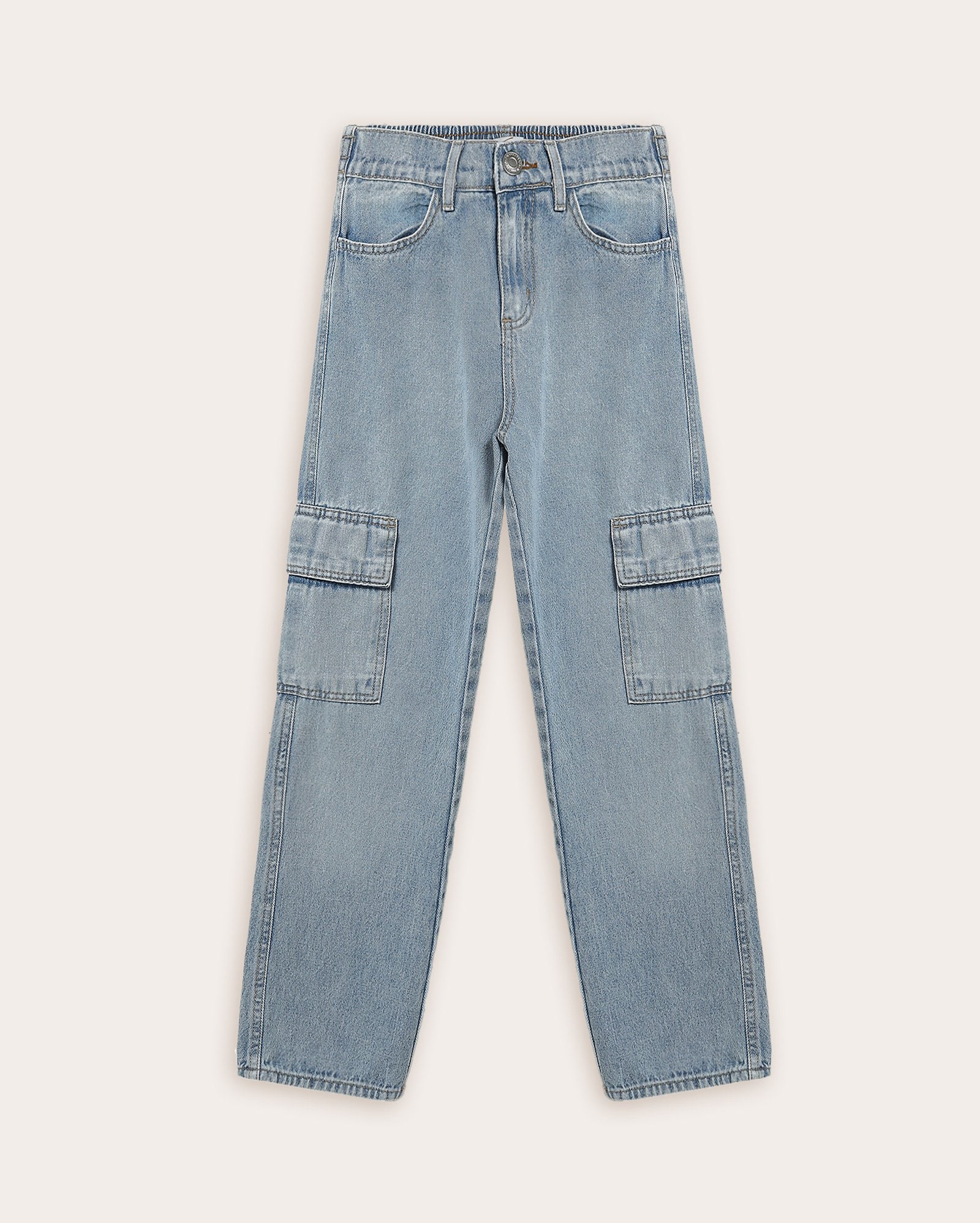 Calça jeans infantil reta bolsos cargo 6-14A - denim médio