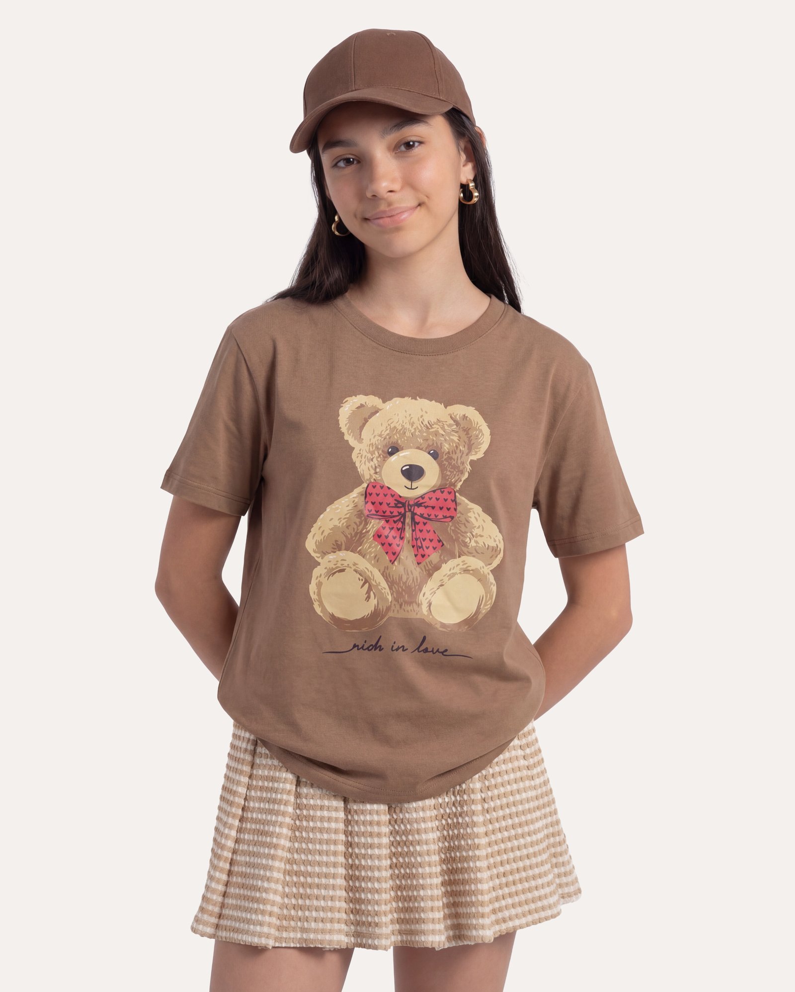 Camiseta infantil boxy estampada 6-14A - Marrom Claro