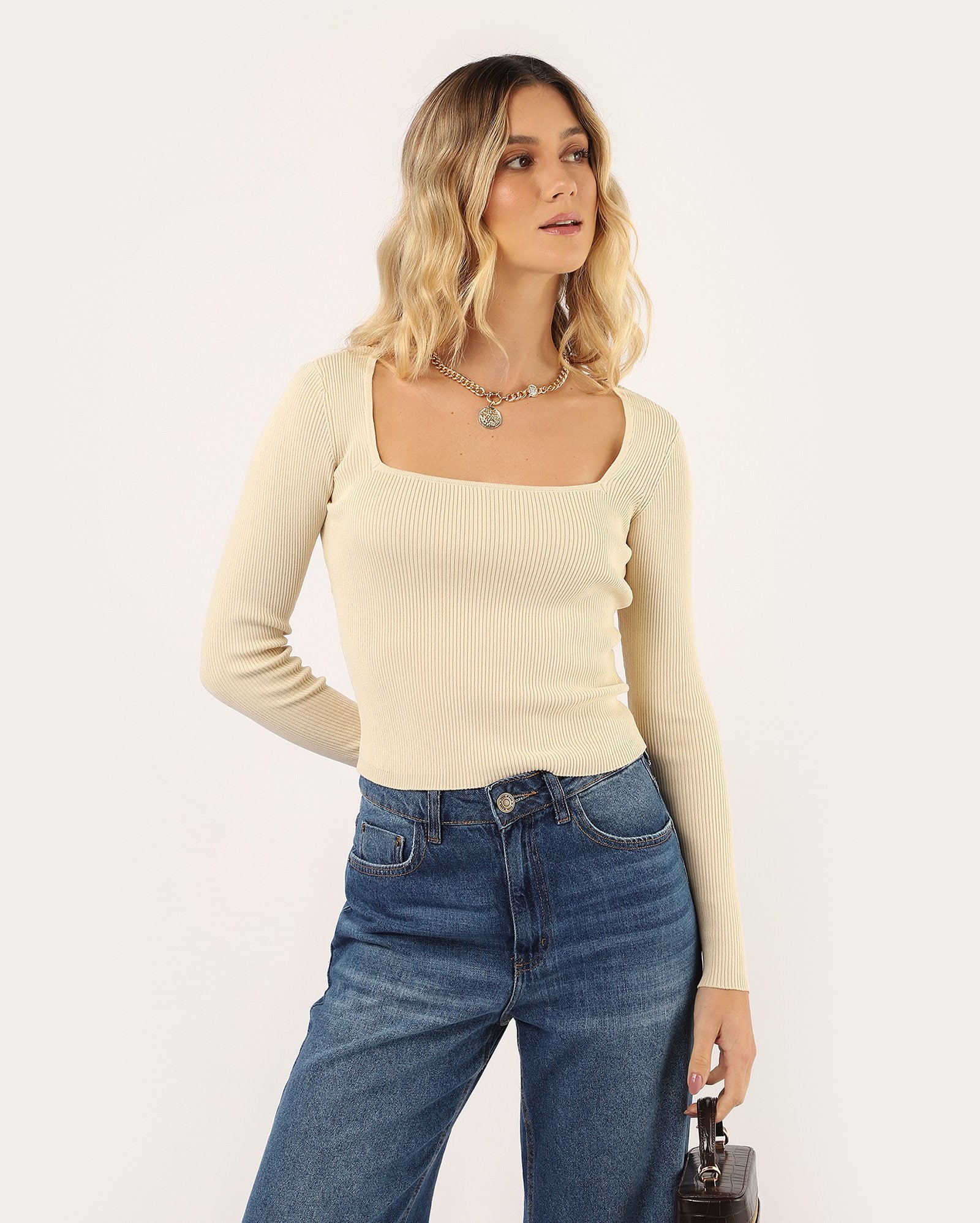 Blusa feminina de tricot canelado - bege