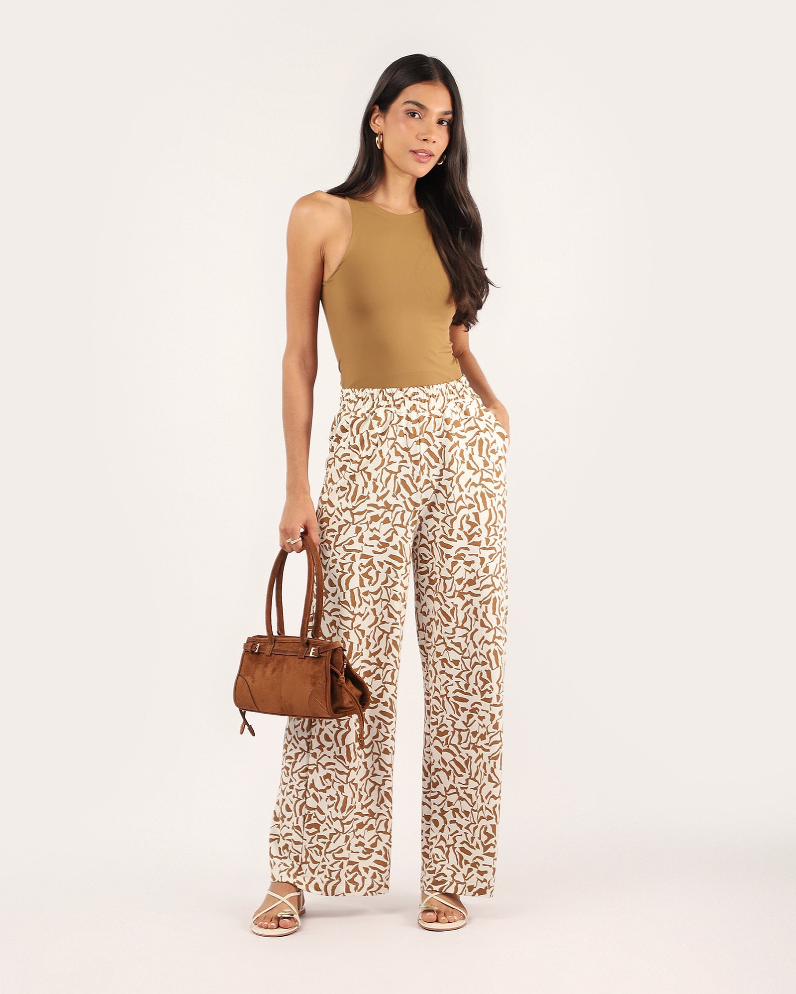 Calça feminina pantalona estampada - multicor