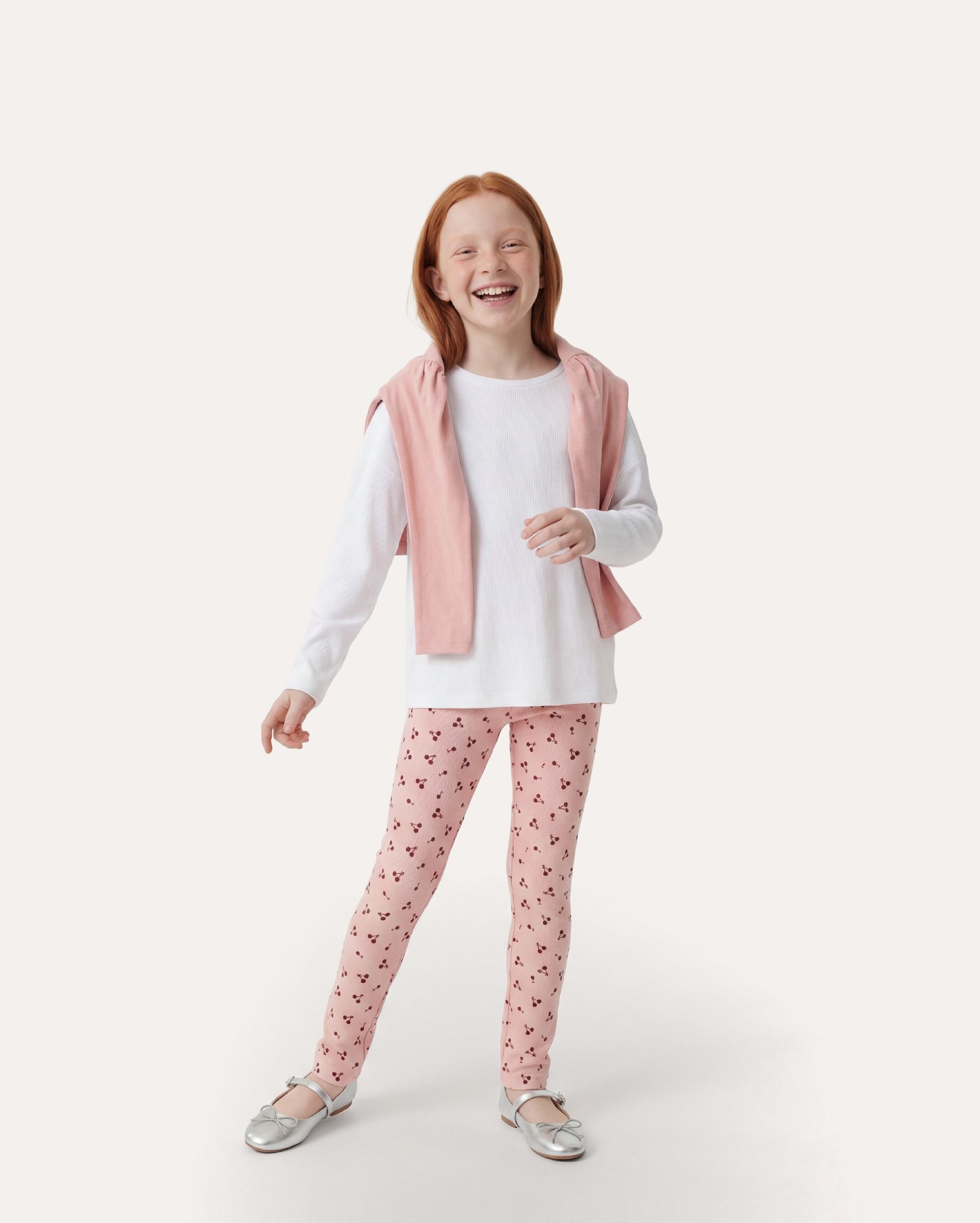 Calça legging infantil canelada estampada 6-14A - Rosa Claro