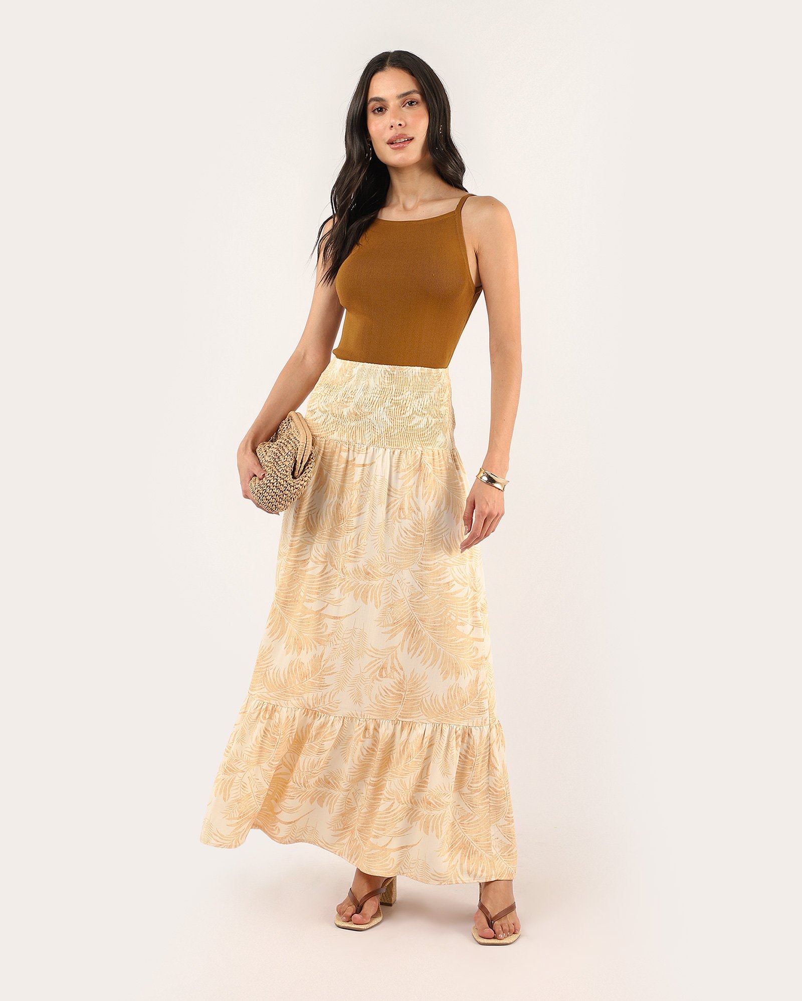 Saia midi evasê em viscose - amarela