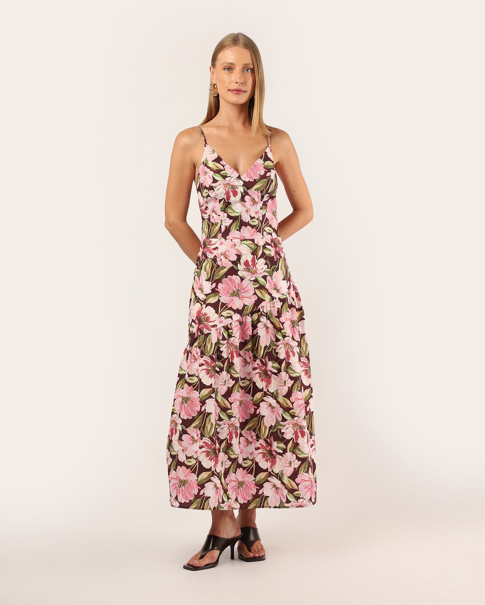 Vestido midi evasê floral - vinho