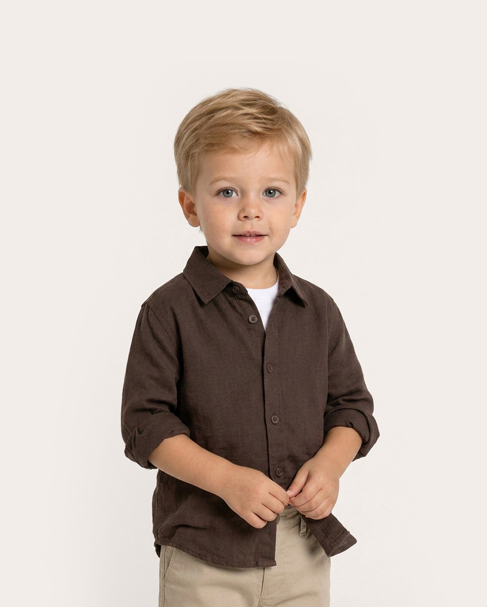 Camisa infantil manga longa com linho 1-7A - Marrom