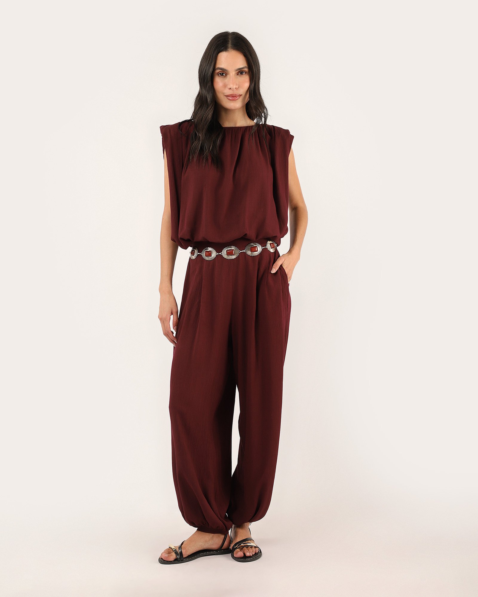 Calça feminina aladim cintura alta - vinho