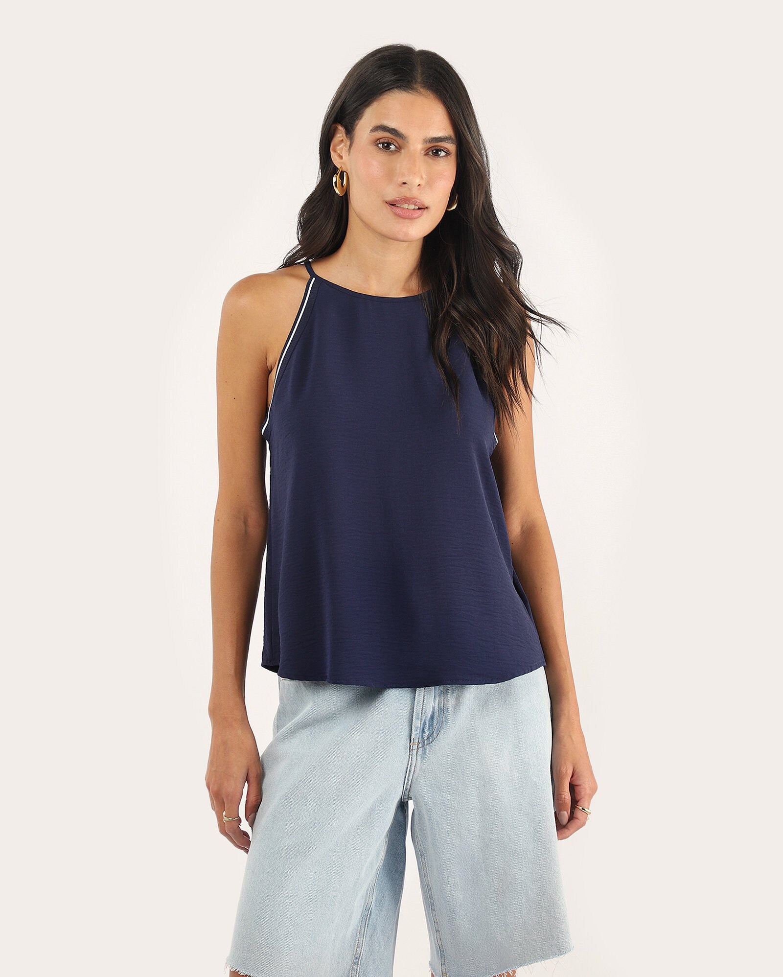 Regata feminina ampla crepe alça trapézio - azul