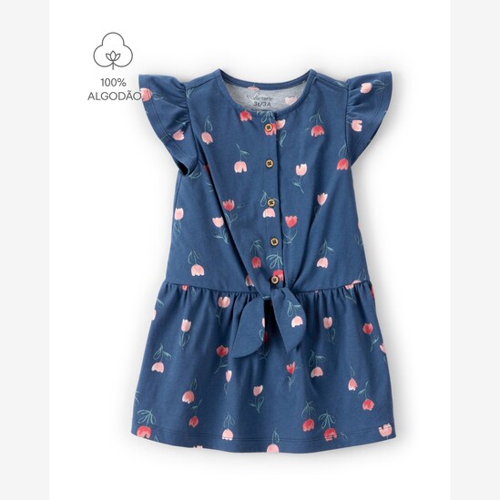 Vestido infantil evasê malha floral - azul | Carter's