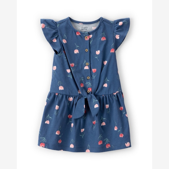 Vestido infantil evasê malha floral - azul | Carter's