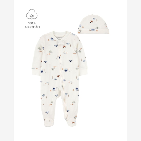 Macacão bebê fazenda com touca - off-white | Carter's
