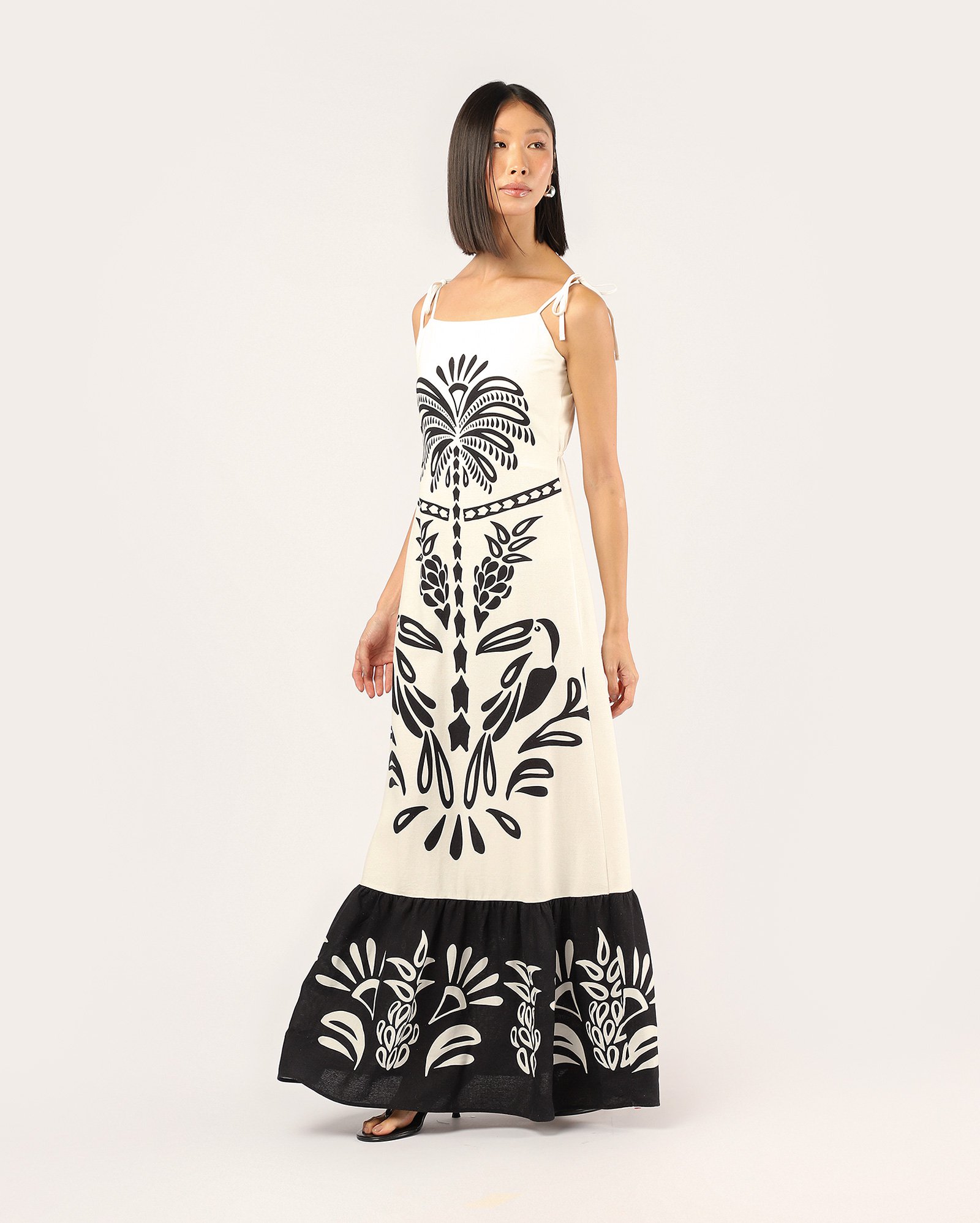 Vestido longo viscolinho estampa tropical - multicor