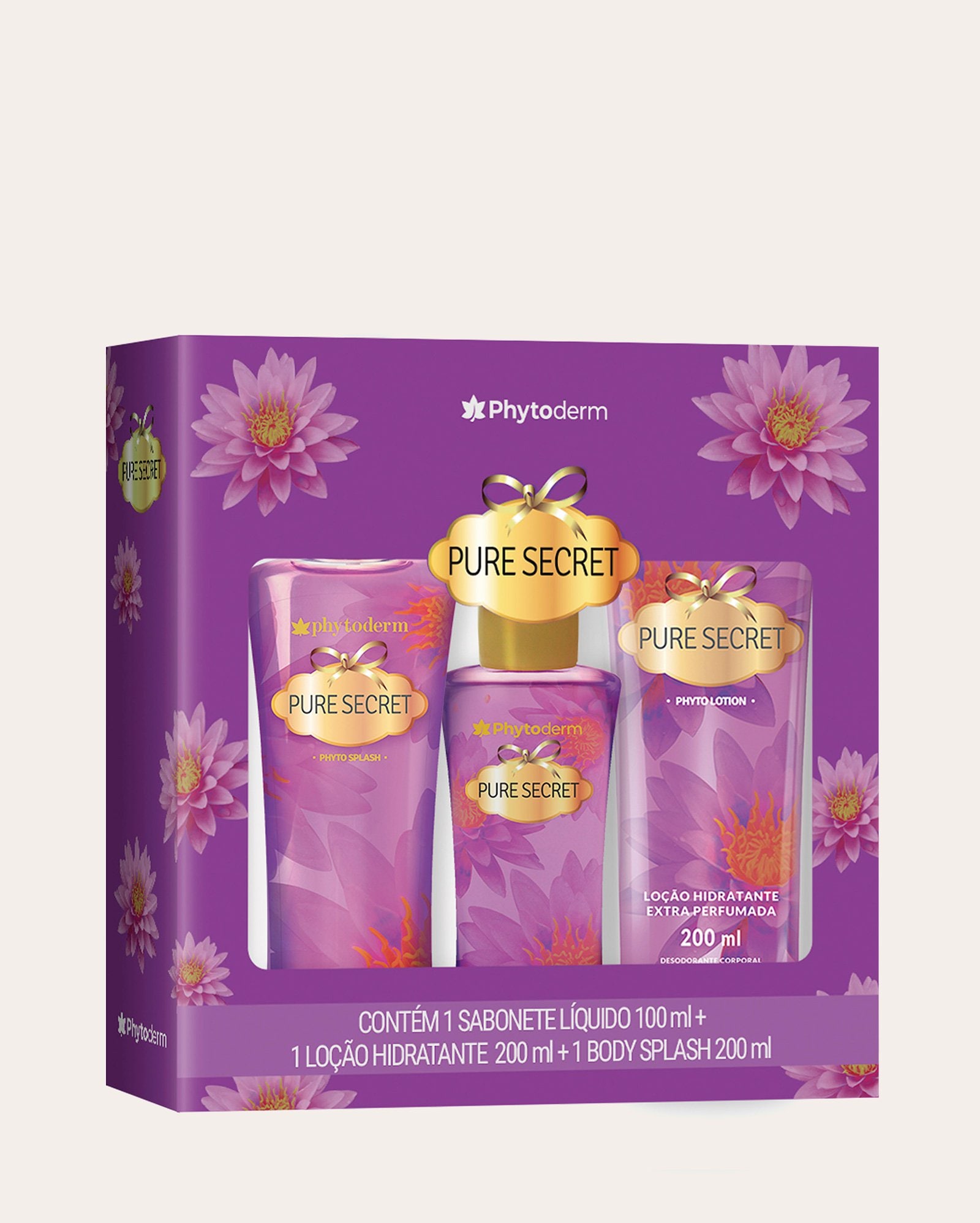 Kit body splash 200ml + hidratante corporal 200ml + sabonete líquido Pure Secret 100ml | PHITODERM