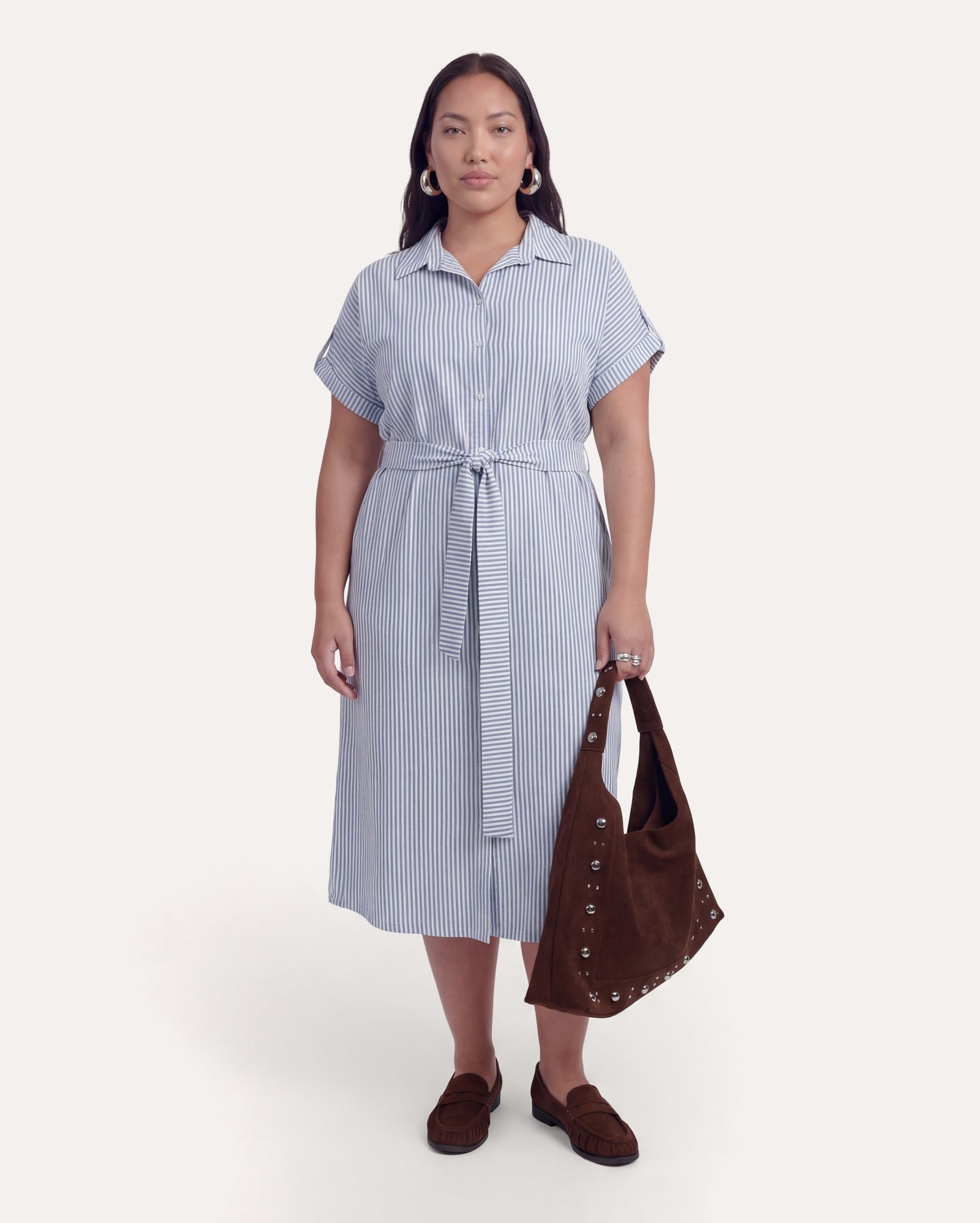Chemise plus size midi listrado com amarração - azul