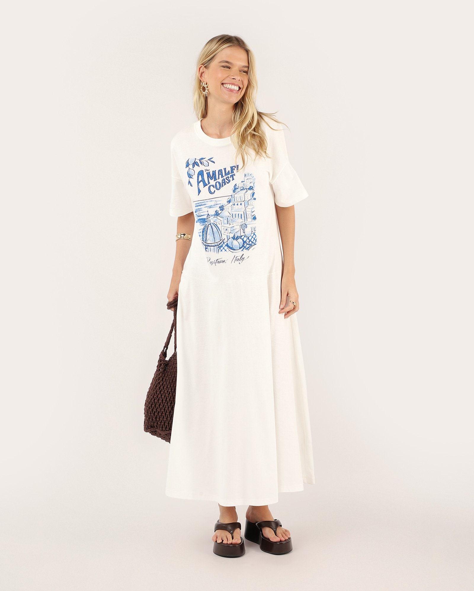Vestido longo básico com estampa - branca