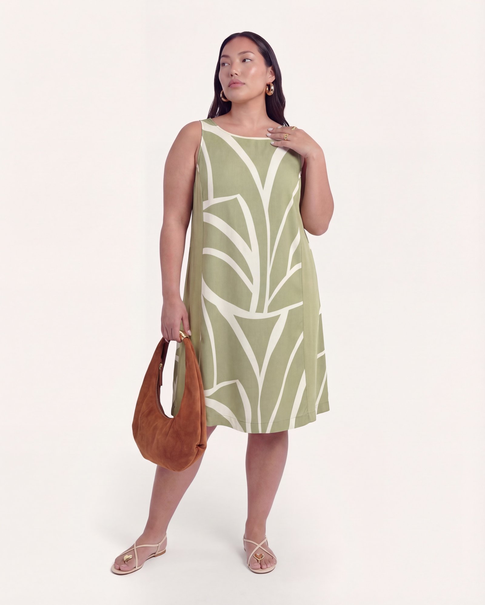 Vestido midi plus size evasê abstrato - verde