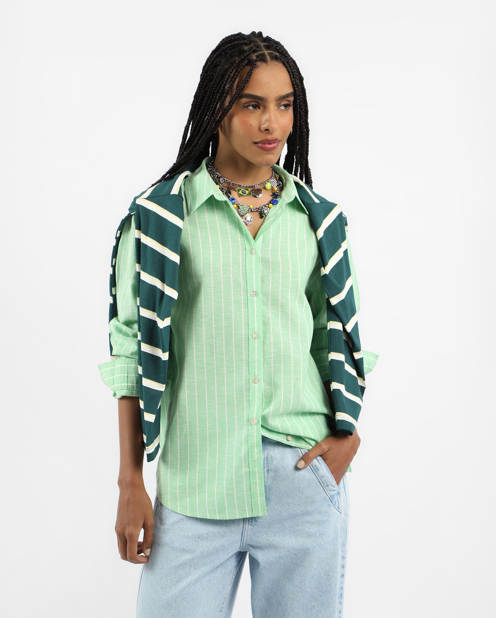 Camisa feminina listrada com linho - verde