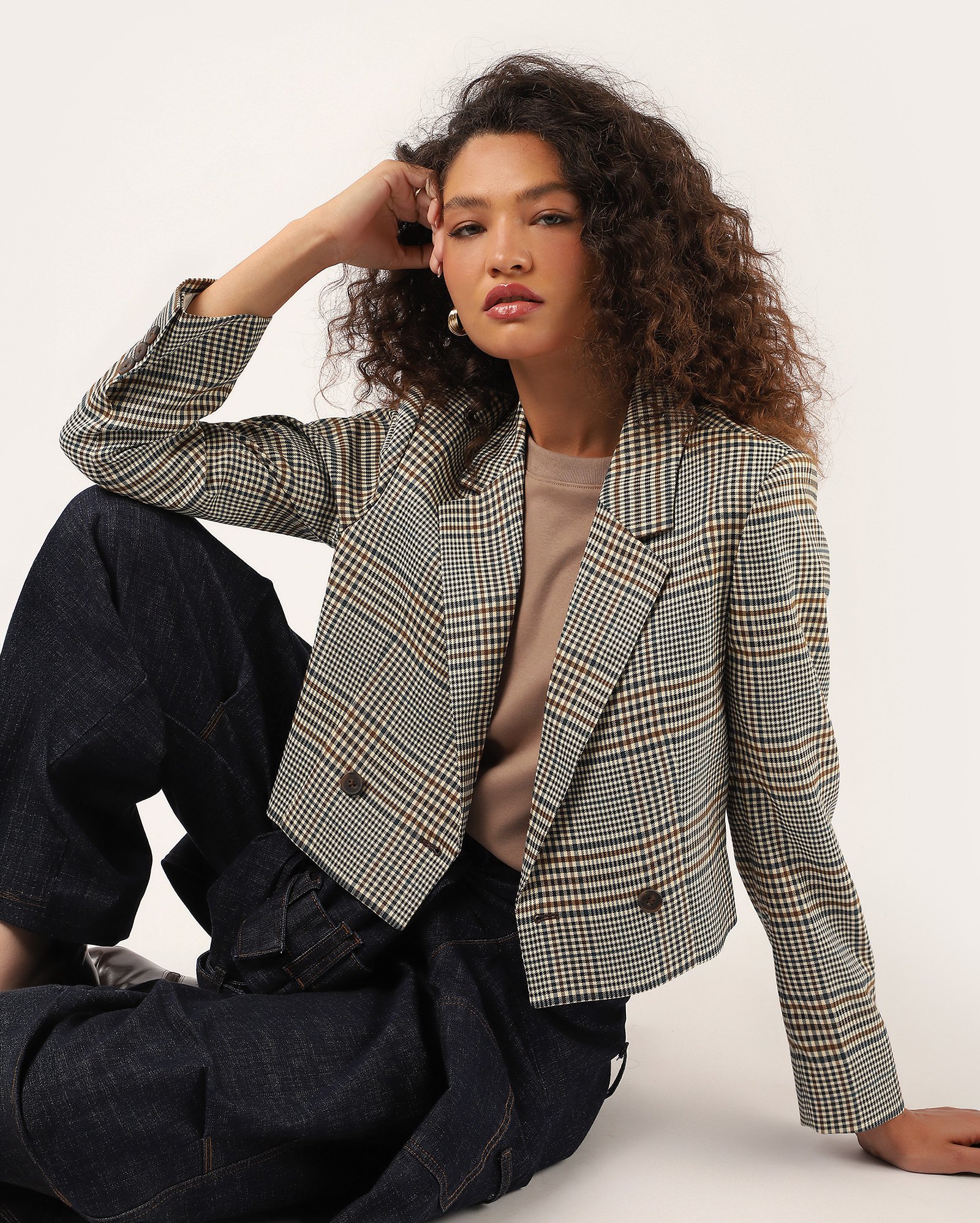 Blazer cropped príncipe de gales - multicor