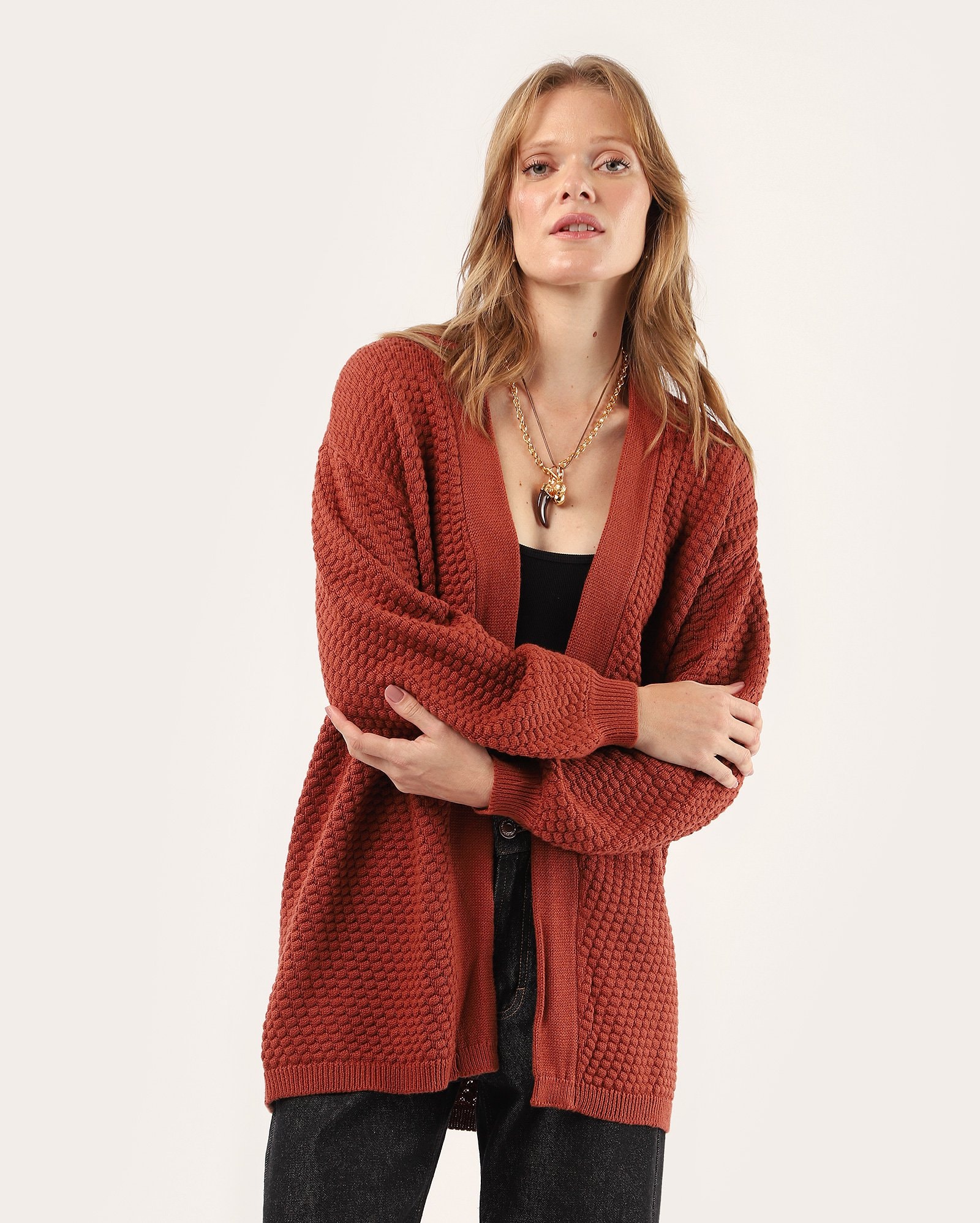 Cardigan feminino de tricot alongado com textura - Vermelho