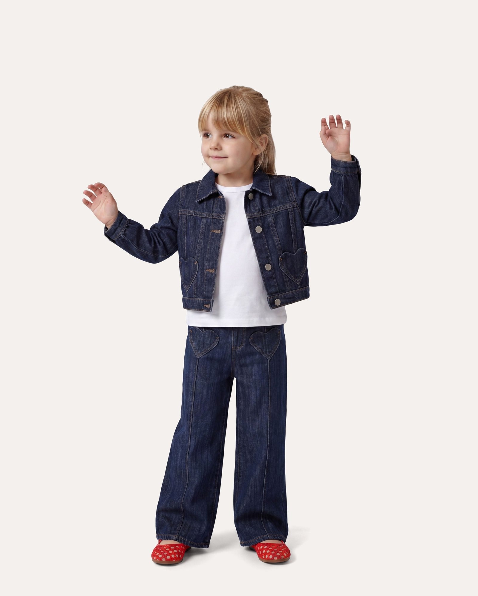 Calça jeans infantil wide leg coração 1-6A - denim escuro