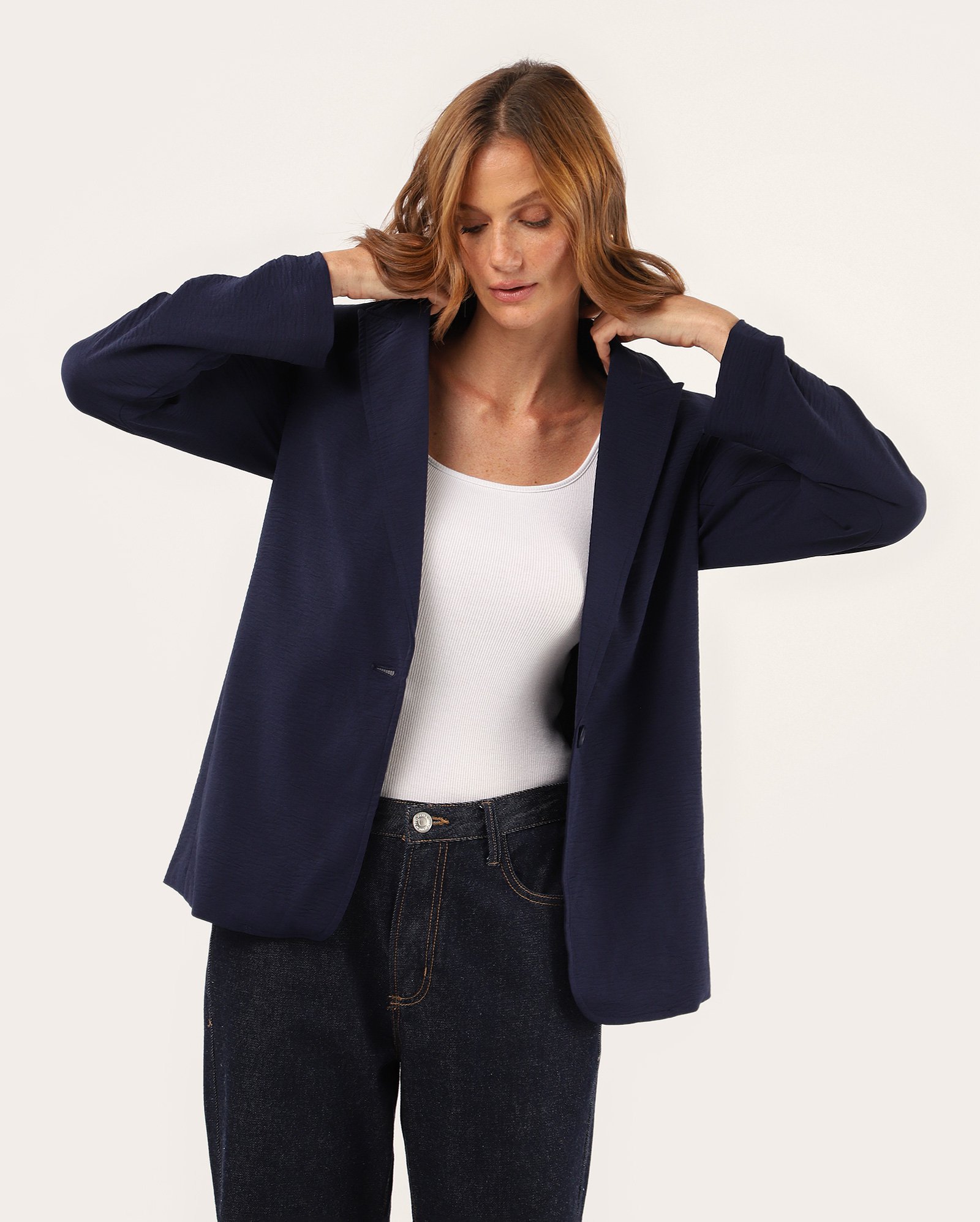 Blazer feminino malha crepe casual - Azul Escuro