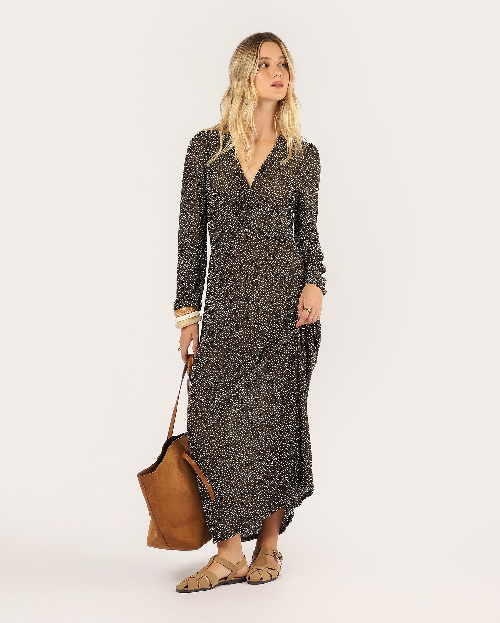 Vestido longo evasê floral com nó frontal - verde