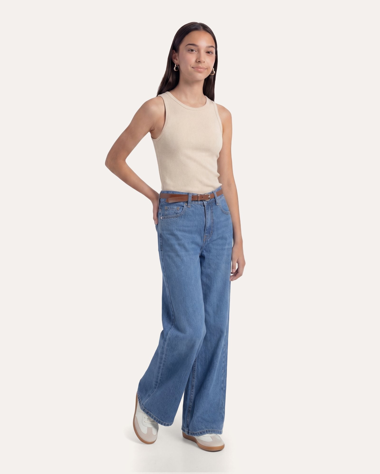 Calça jeans infantil wide leg com cinto 6-14A - denim médio