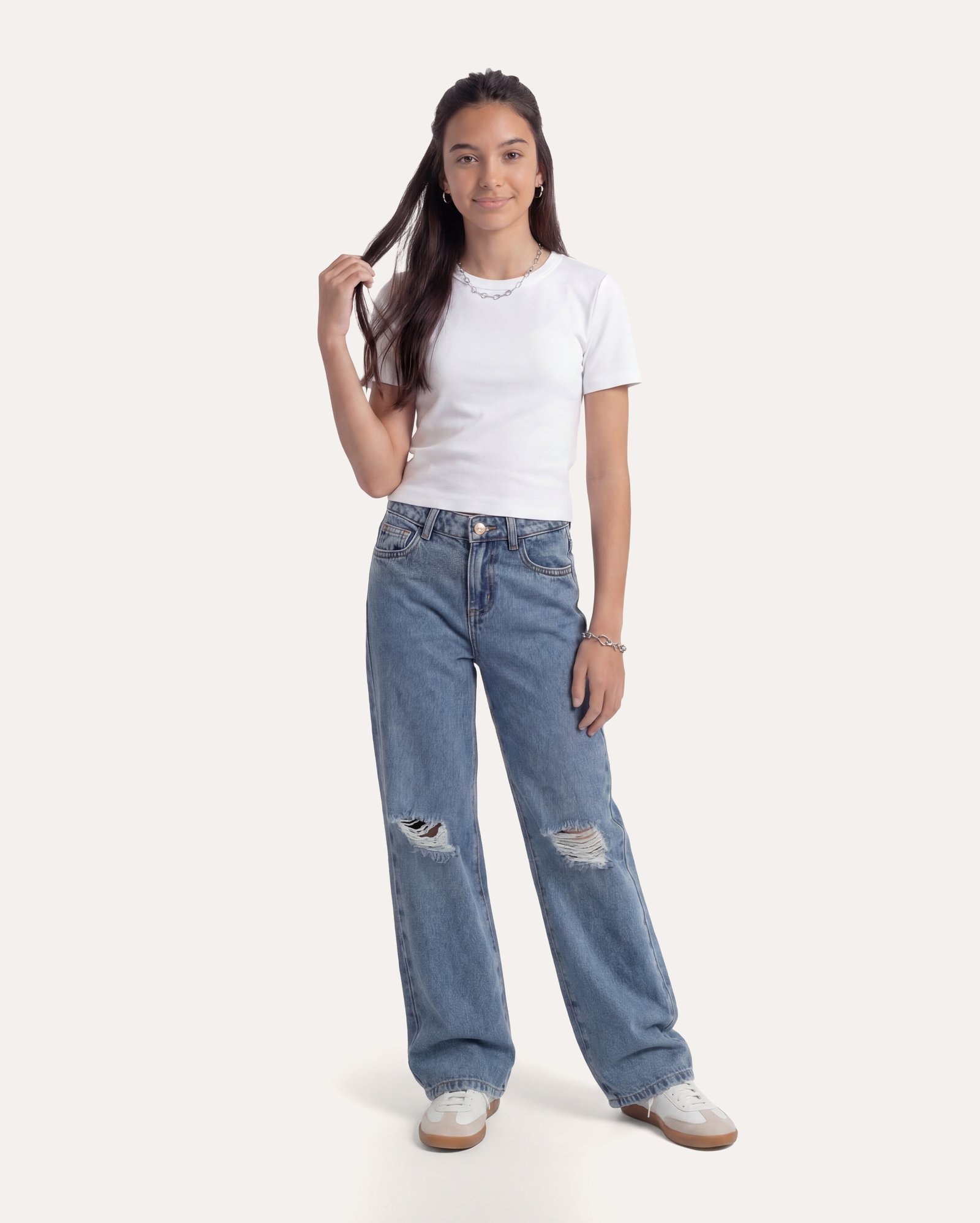 Calça jeans infantil wide leg detonada 6-14A - denim médio - Jeans Médio