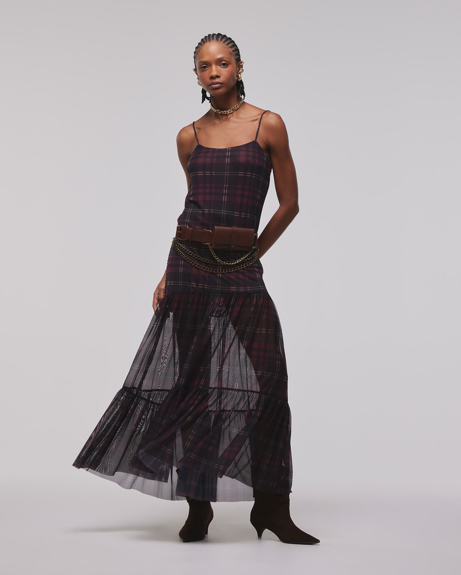 Vestido longo em tule xadrez - multicor | Juliana Jabour - Special Edition
