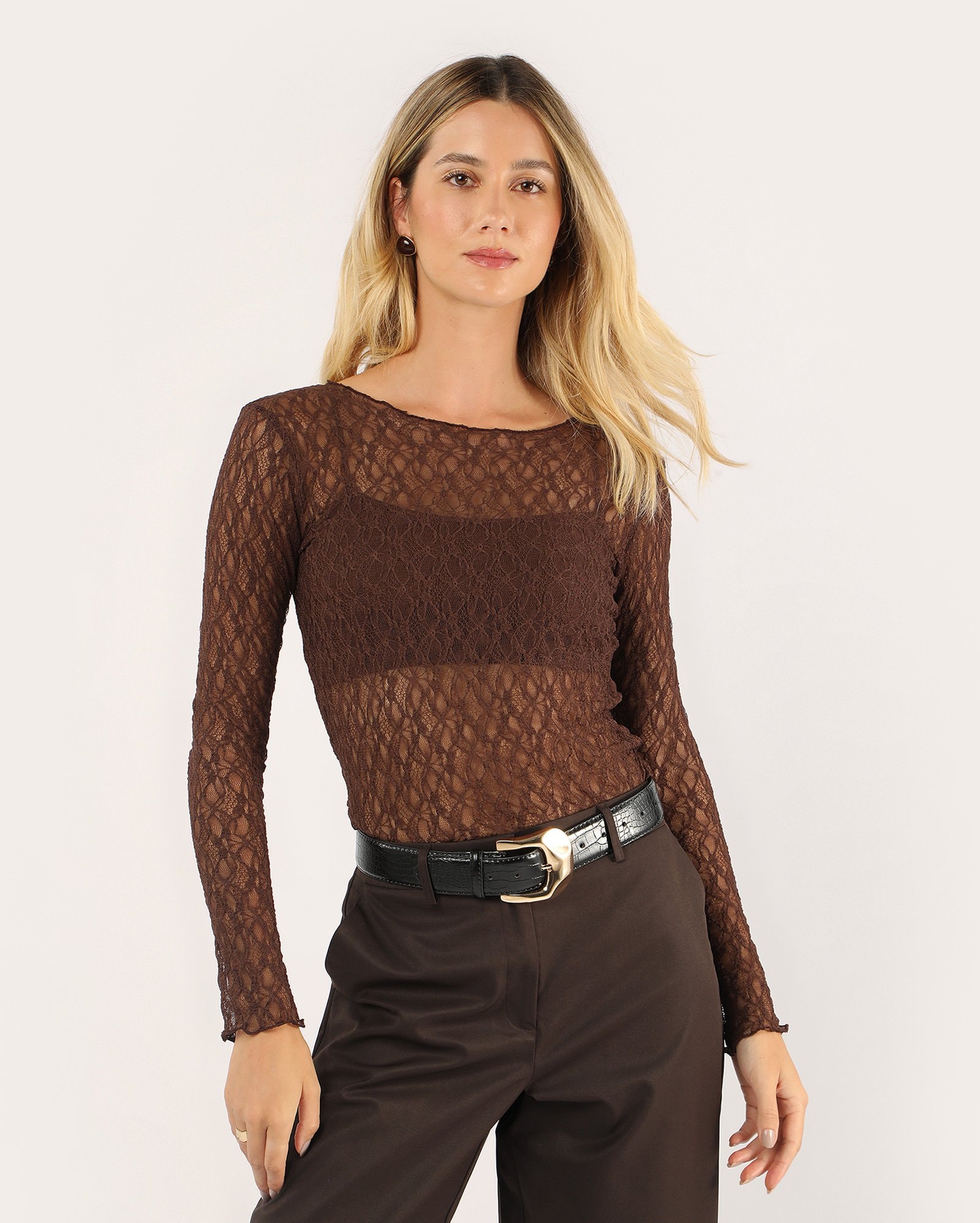 Blusa feminina decote canoa rendada - marrom