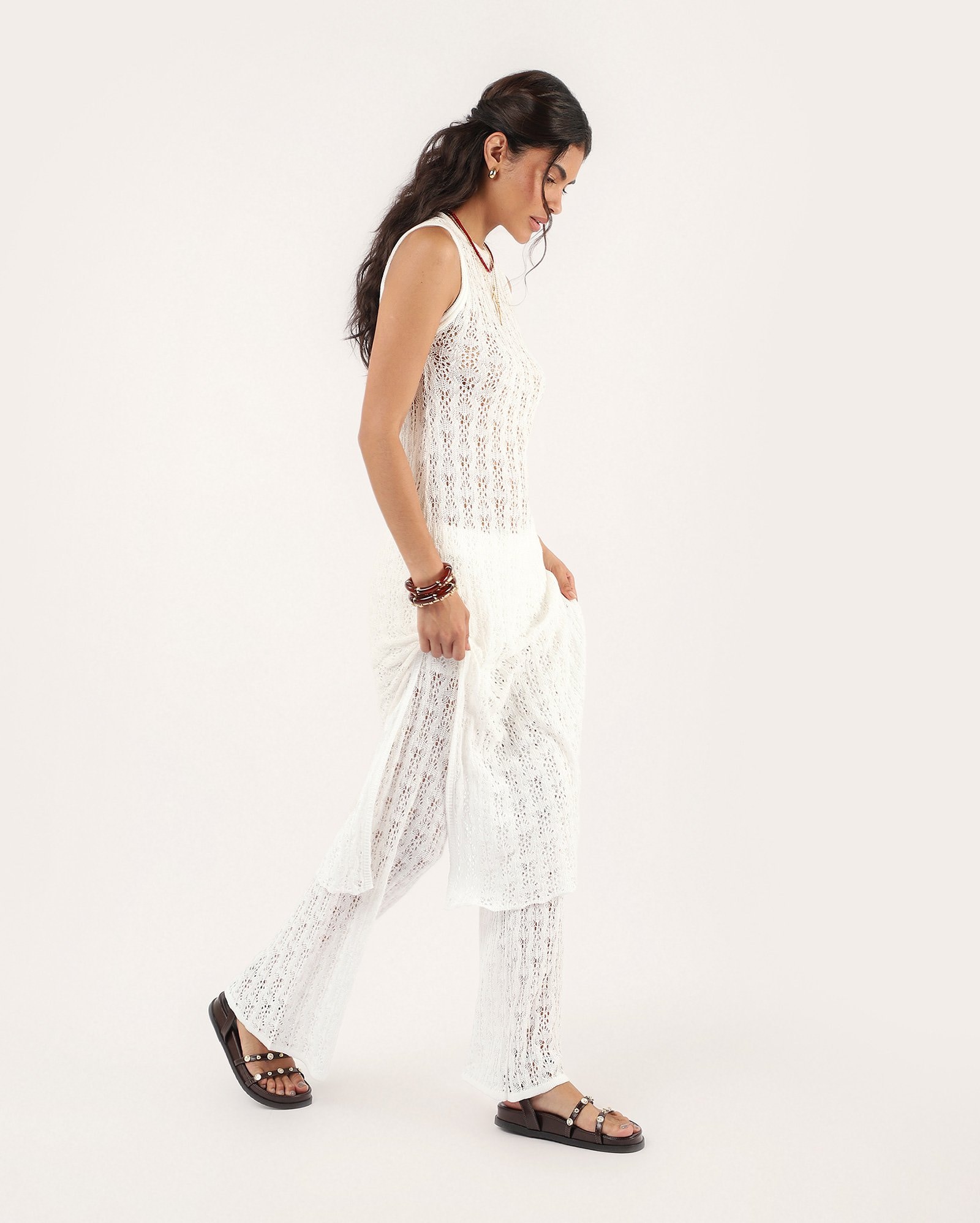 Vestido midi reto em tricot com fenda - branco — foto 3