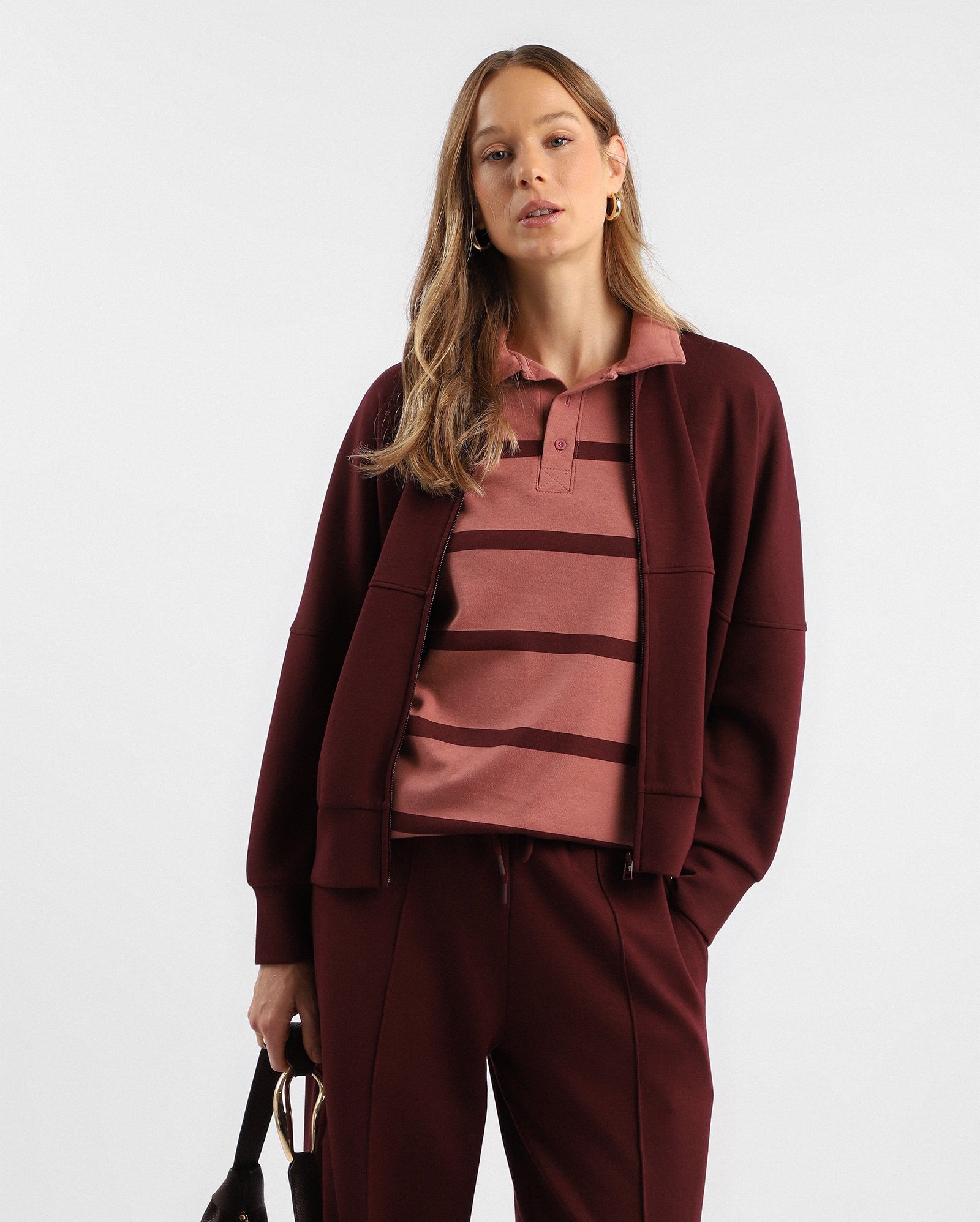 Polo feminina suedine alongada listrada - Rosa