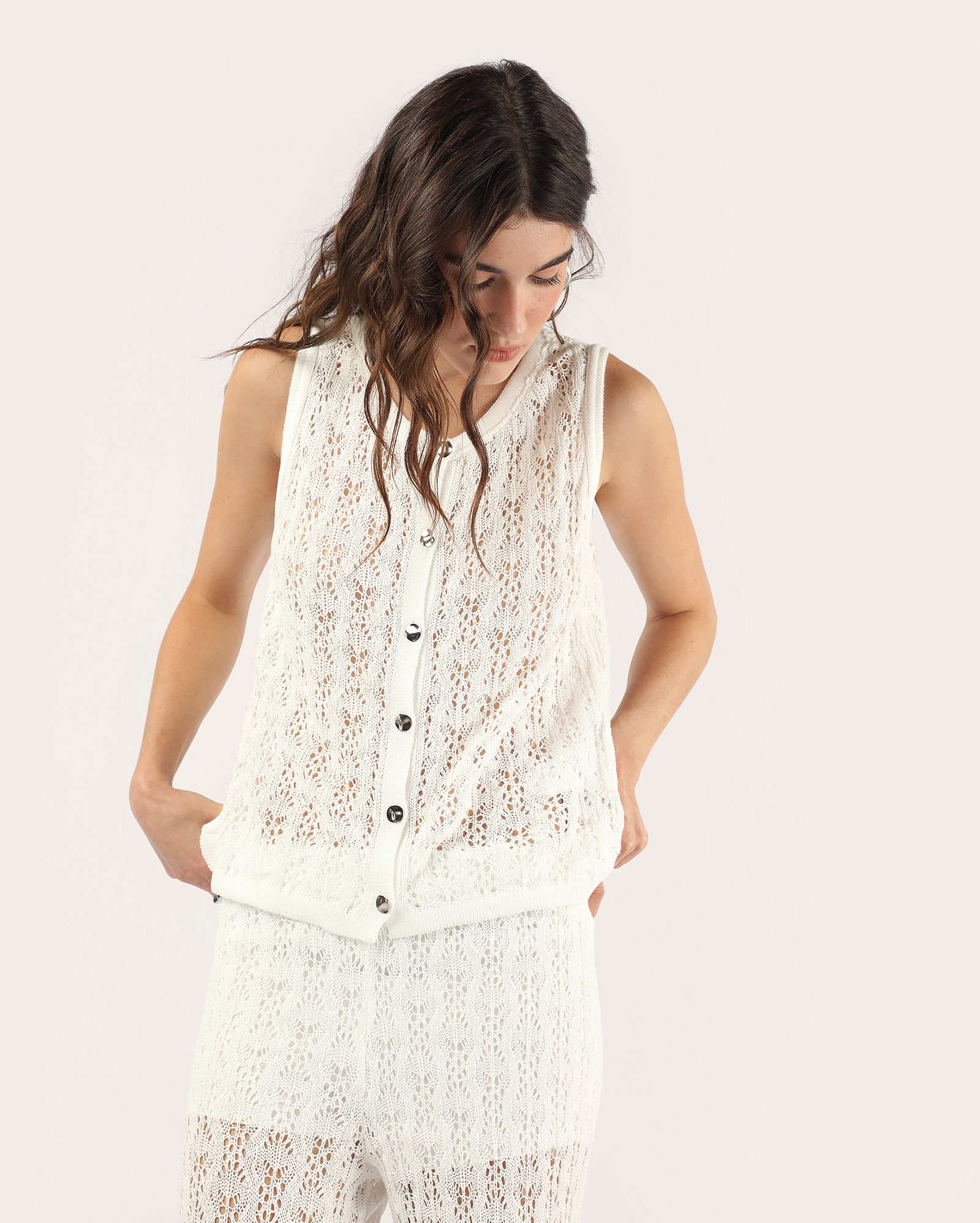 Colete feminino amplo em tricot - branco