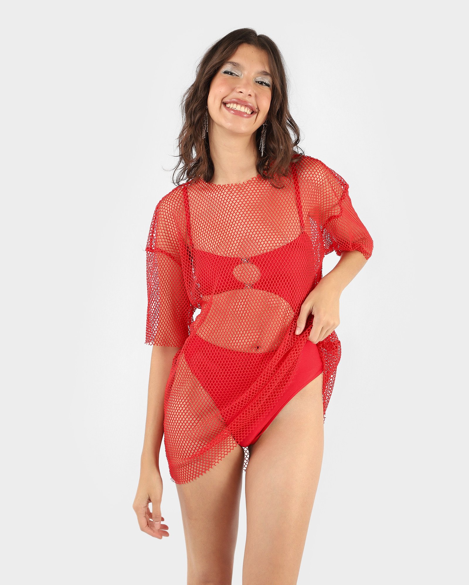 Camiseta feminina ampla telada - Vermelho