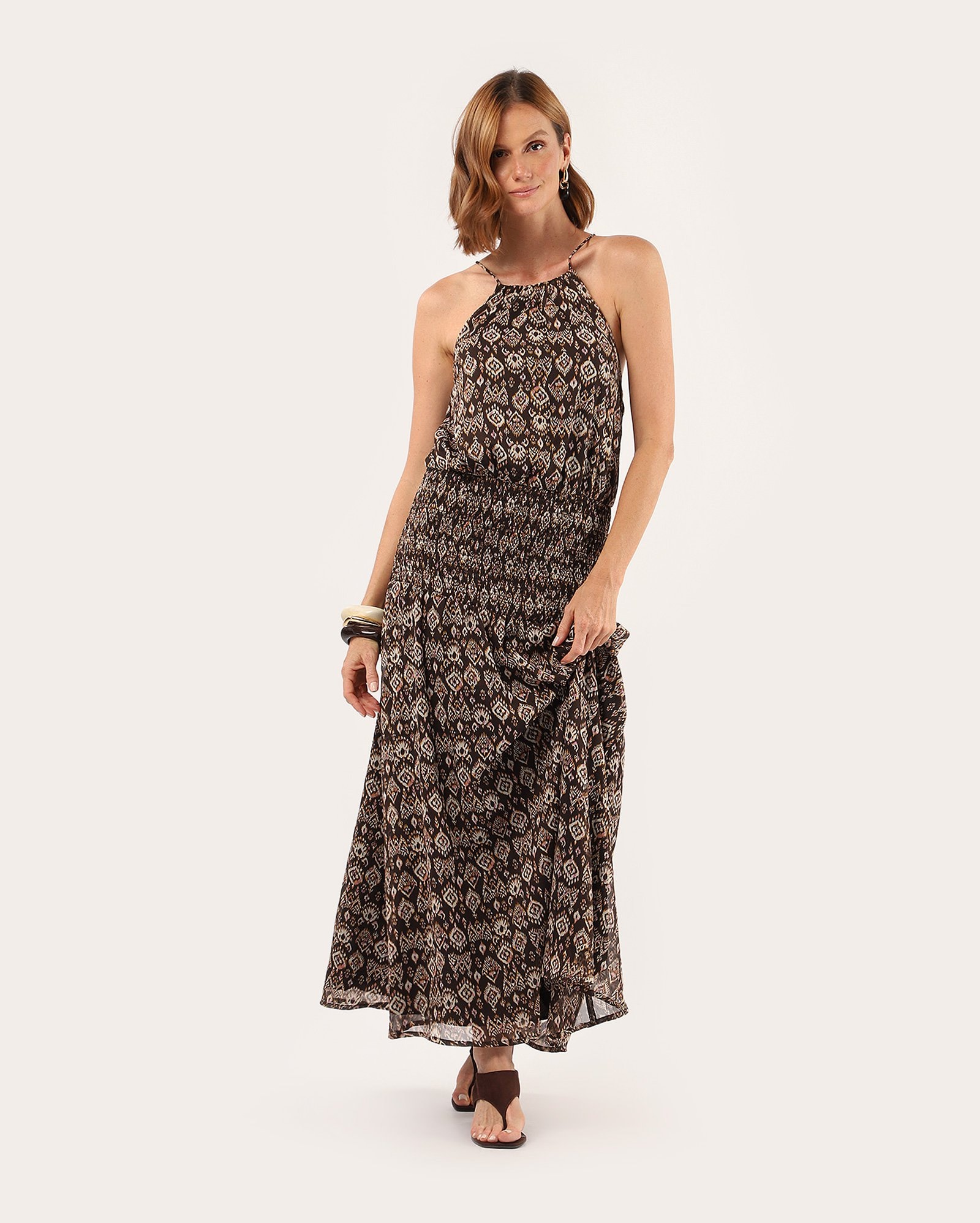 Vestido midi evasê boho com lastex - marrom