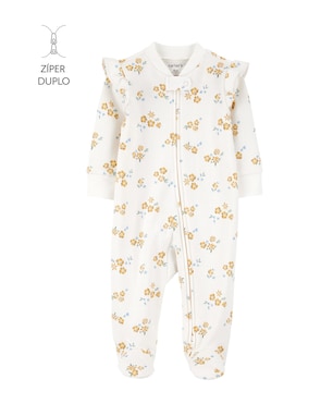 Macacão bebê com pezinho floral e babados - off-white | Carter's