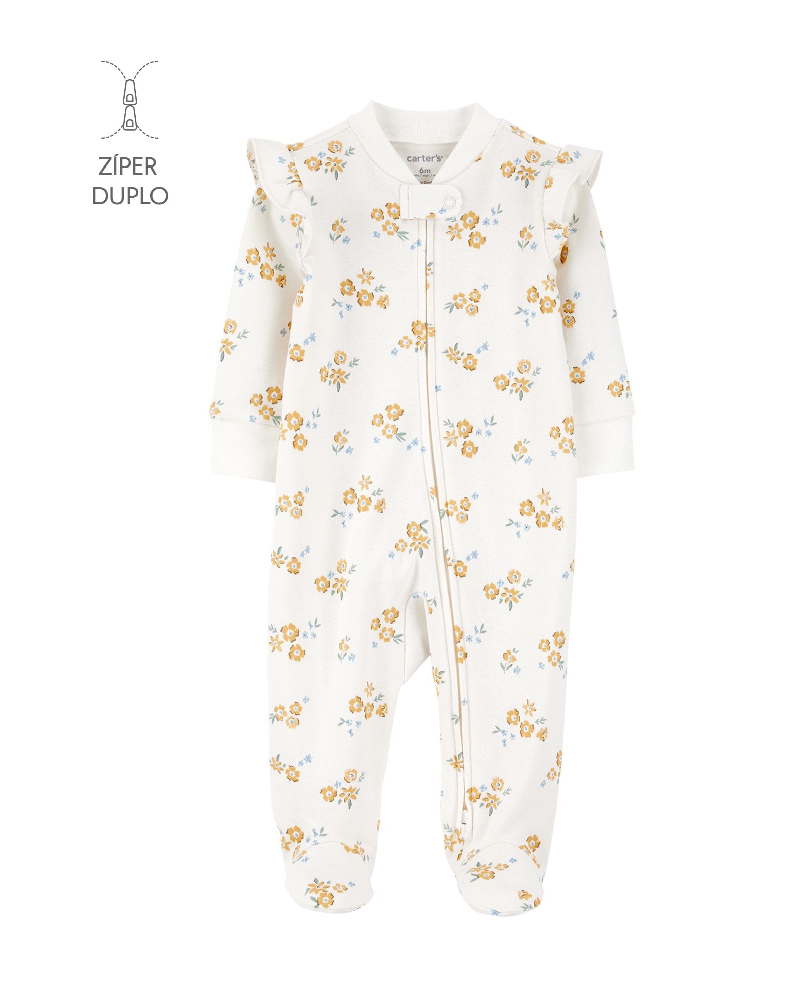 Macacão bebê com pezinho floral e babados - off-white | Carter's