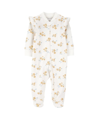 Macacão bebê com pezinho floral e babados - off-white | Carter's