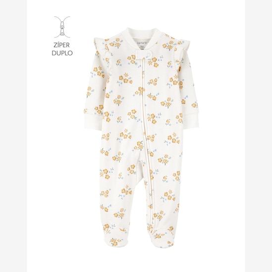 Macacão bebê com pezinho floral e babados - off-white | Carter's
