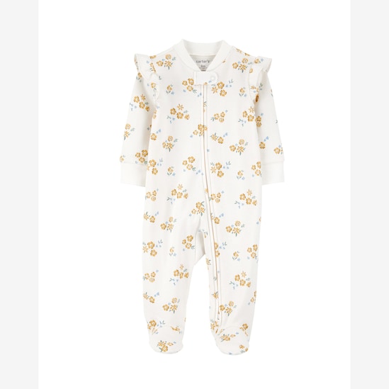 Macacão bebê com pezinho floral e babados - off-white | Carter's
