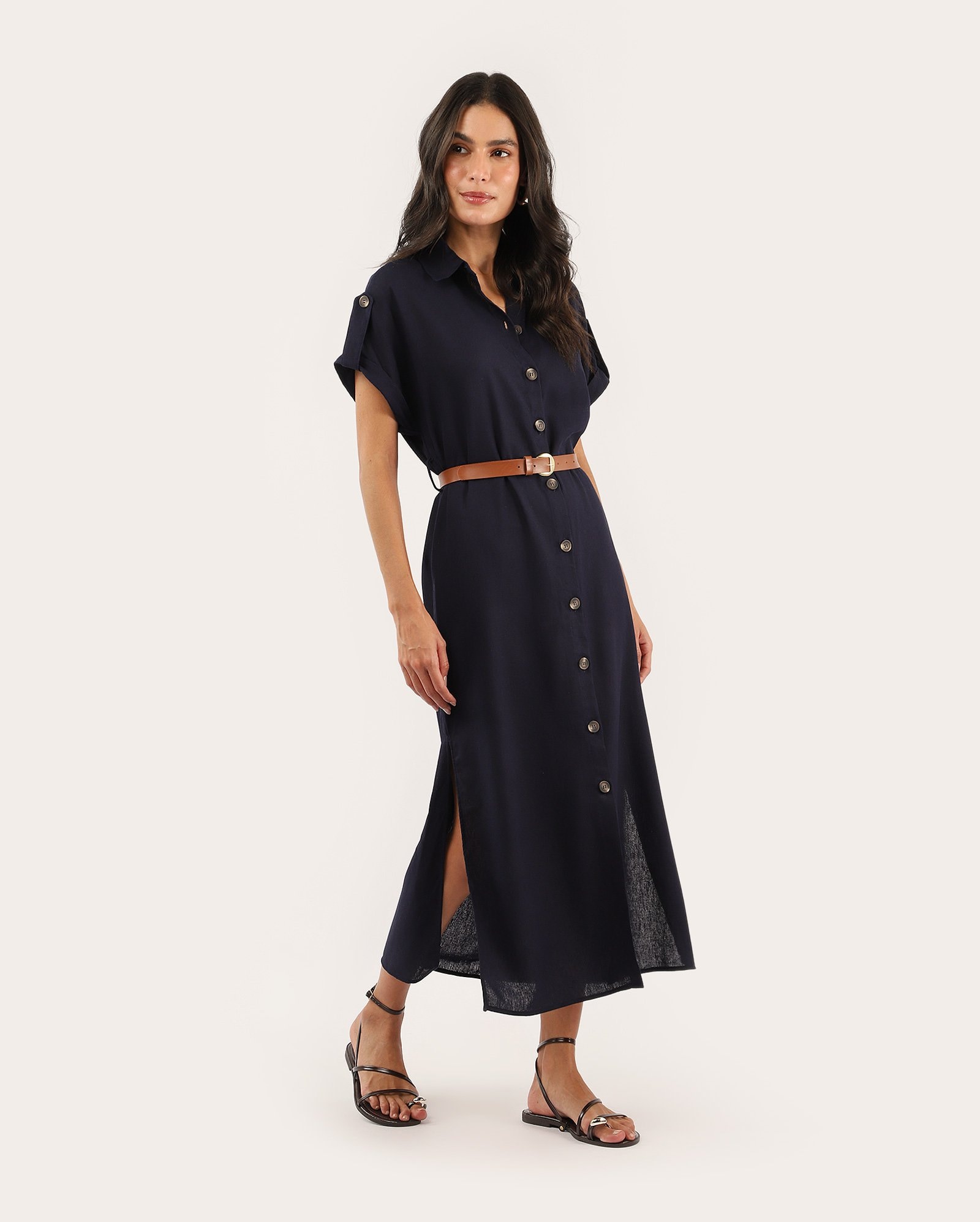 Vestido chemise midi em viscolinho com cinto - azul