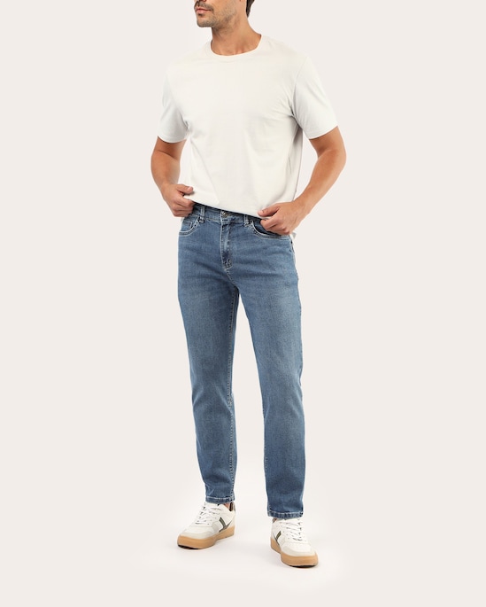 Calça jeans masculina tapered Thermorecover - Denim médio | Pool Jeans