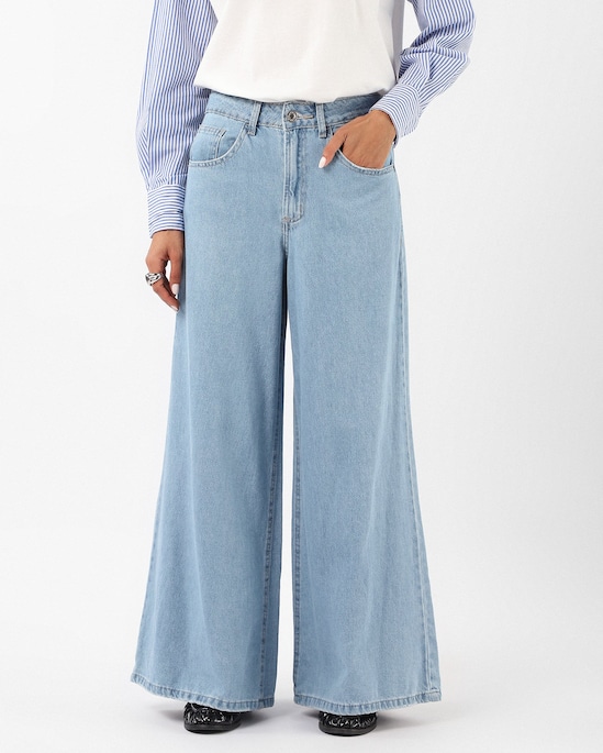 Calça jeans feminina palazzo - denim claro | Pool Jeans