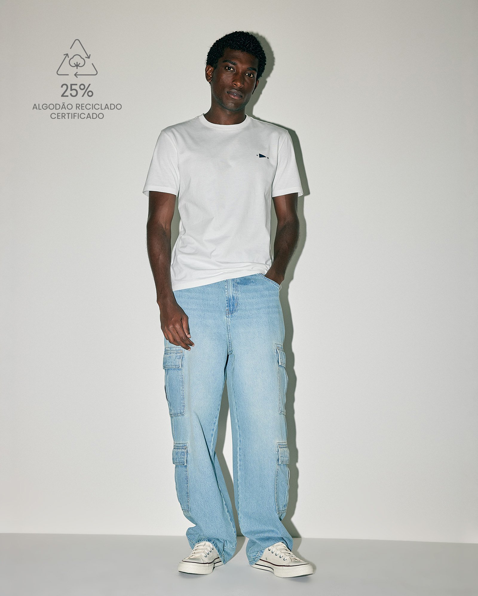 Calça jeans masculina wide leg cargo - denim claro | Pool Loop