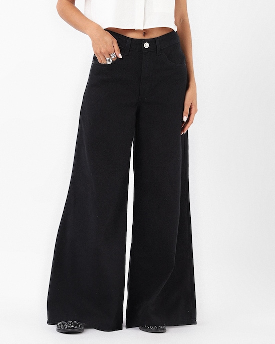 Calça sarja feminina palazzo - preta | Pool Jeans